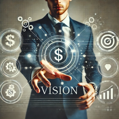 DALL·E 2024-11-25 17.37.42 - A modern conceptual illustration representing a business vision. A professional in a sharp blue suit extends a hand towards the viewer, interacting wi