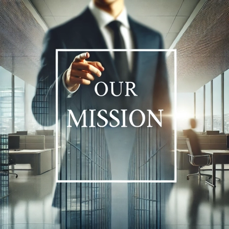 DALL·E 2024-11-25 17.42.27 - A modern professional design with a business theme featuring a person in a suit pointing forward in an office corridor, overlaid with the text 'OUR MI